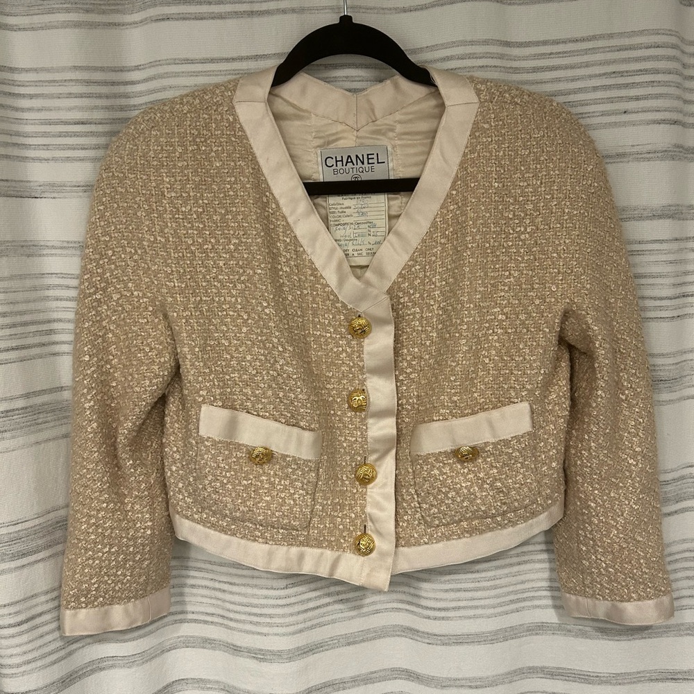 Chanel Beige Tweed Blazer with Gold Buttons